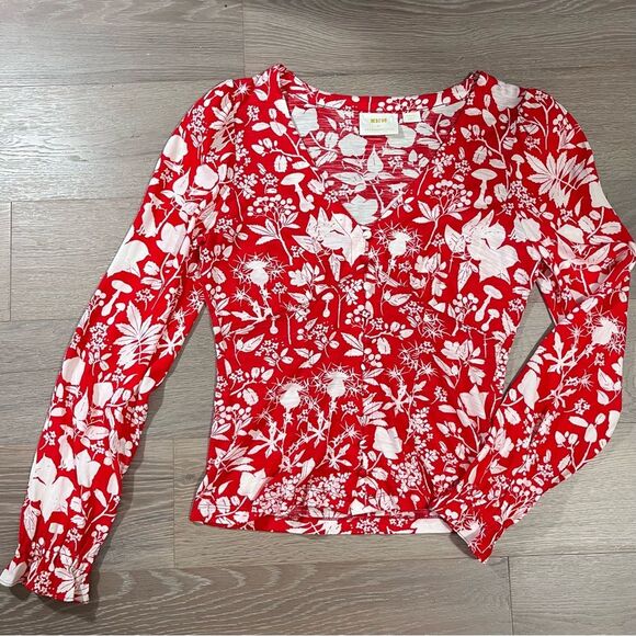 Anthropologie Maeve Seamed V-neck Button-Up Red Floral Top Long Sleeve S - Picture 3 of 10
